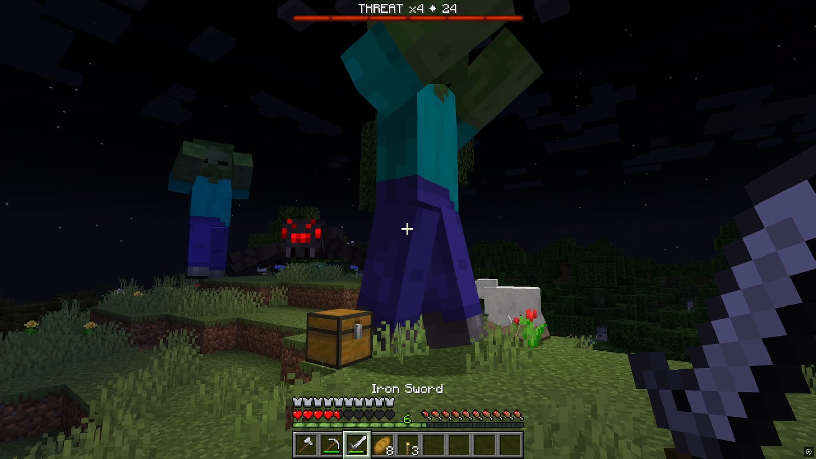 At night in full diamond armor, the THREAT bar red at x4: a zombie four times its size walks past a chest