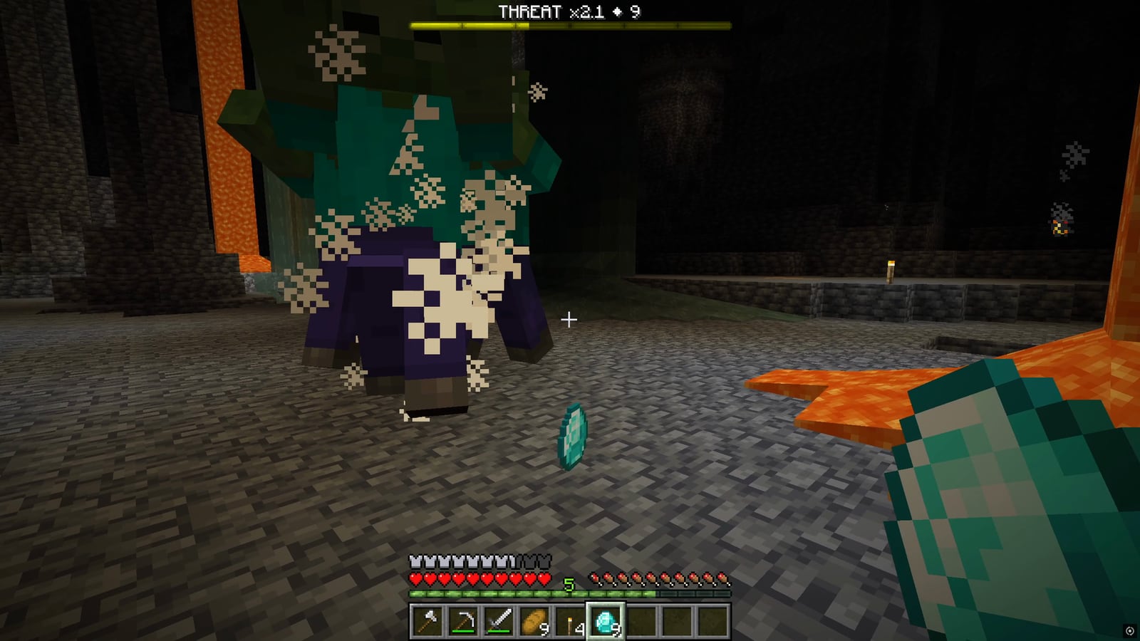 Diamonds thrown at a zombie one at a time: it eats each one in a puff of particles while the THREAT bar falls