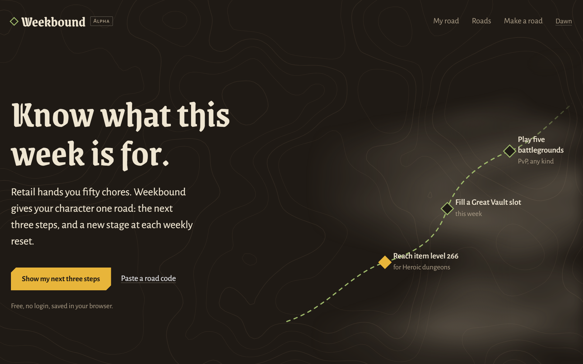 The home page: a road runs up into the fog through three stones, with the next three steps of a road beside them