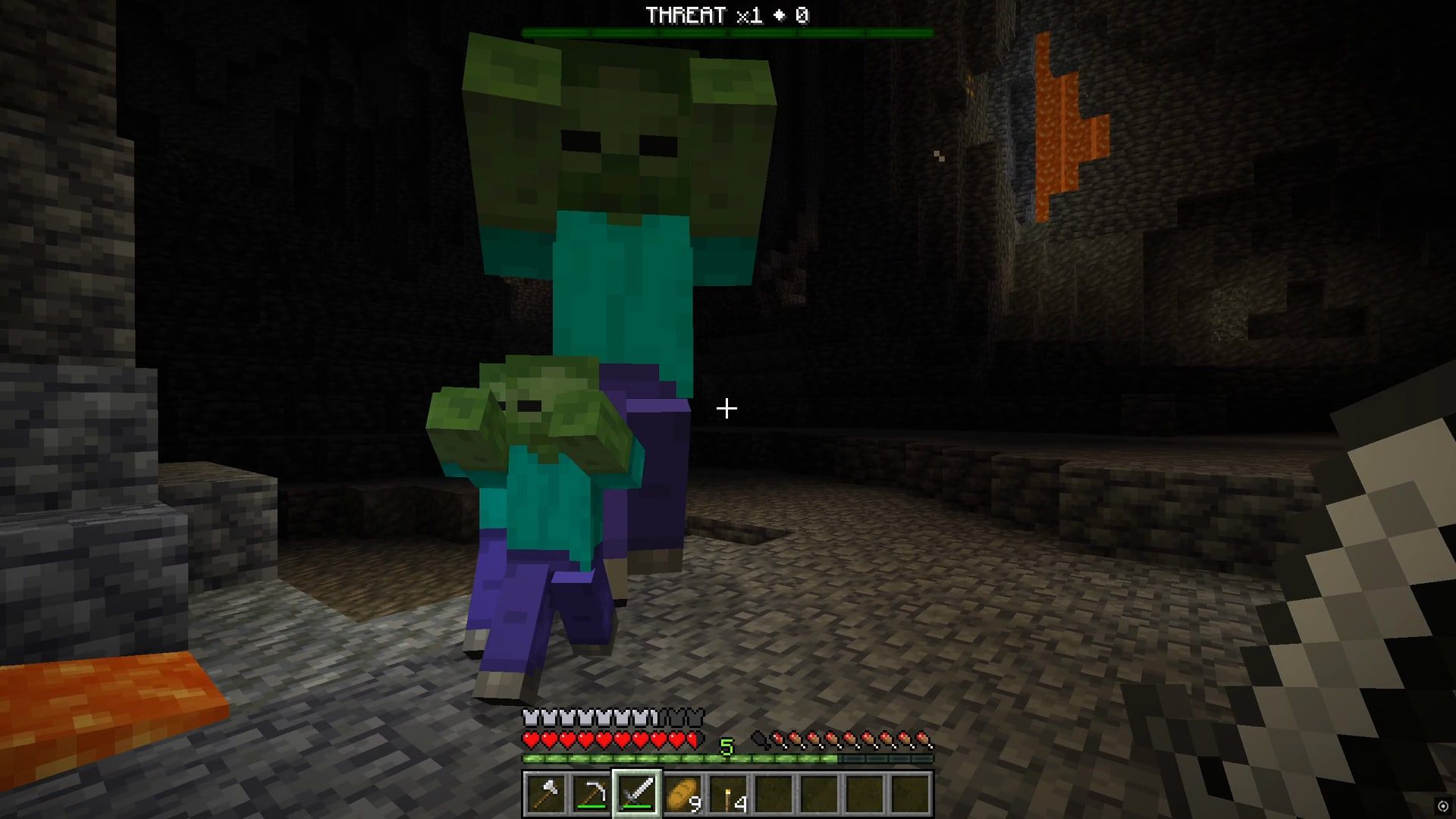A Minecraft cave with the THREAT bar at x1: a zombie that ate the player's diamonds stands twice the size of the zombie in front of it.