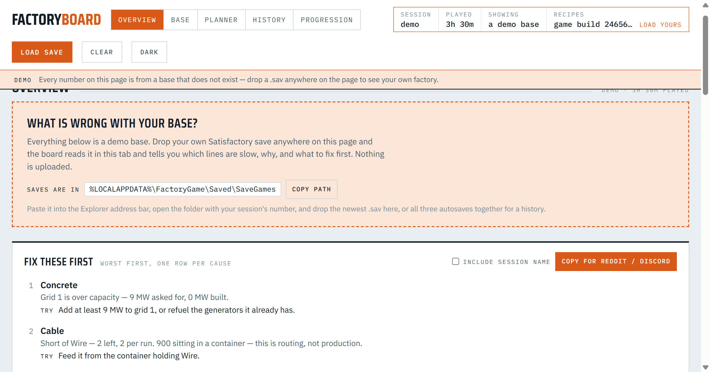 Factory Board on its demo base: the card that says saves are in %LOCALAPPDATA%\FactoryGame\Saved\SaveGames, with a Copy path button.